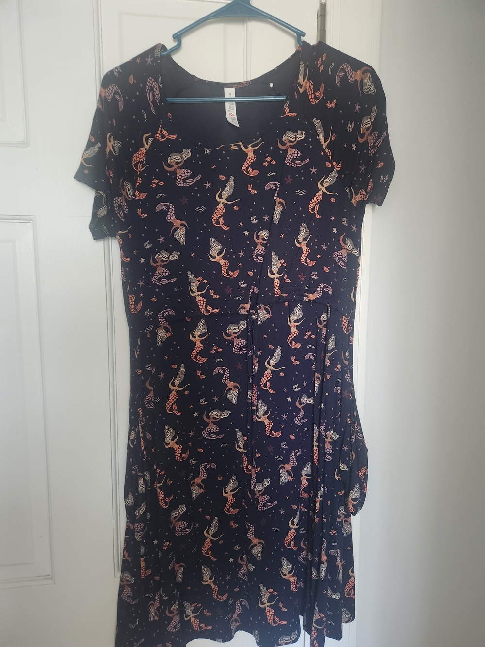 Navy Short-Sleeve Mermaid Print Midi Nursing Dress Latched Mama Sz M